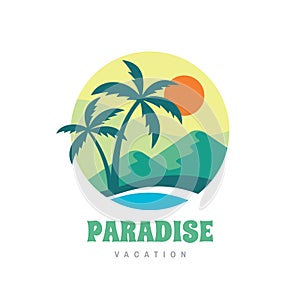 Paradise vacation - concept business logo vector illustration in flat style. Tropical summer holiday creative logo. Palms, island, photo
