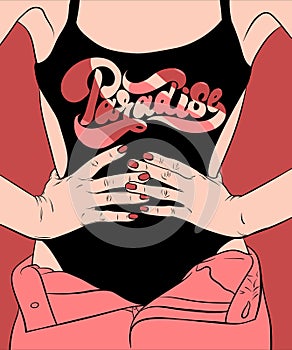 Paradise. Vector handwritten lettering made in 90`s style.