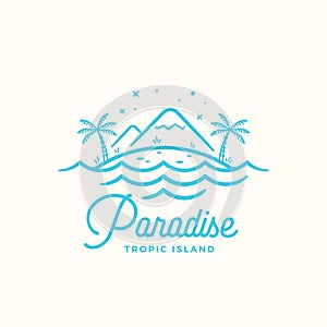 Paradise Vector Label, Emblem or Logo Template. Line Style Tropic Island with Beach, Waves, Palm Trees and Mountains