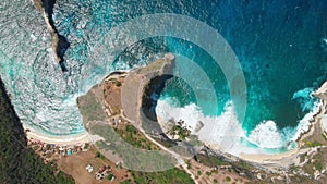 Paradise view with rocks, ocean and beach on Nusa Penida Island. Aerial drone view