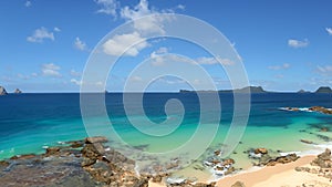 A paradisiac beach landscape wallpaper background. AI generated