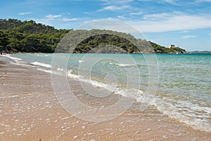 Paradisiacal beach of Notre Dame, island of Porquerolles,  in the south of France