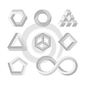 Paradox impossible shapes, 3d twisted objects, vector math symbols