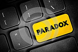 Paradox is a logically self-contradictory statement or a statement that runs contrary to one\'s expectation, text button on photo