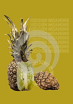 A paradox. Unusual fruit - pineapple outside anq kiwi inside. Unexpected mix. Hidden meaning concept. Modern design