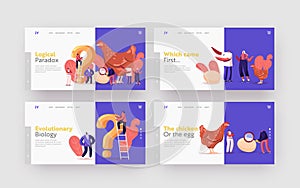 Paradox Which Came First Chicken or Egg Landing Page Template Set. Chicken-and-egg Metaphoric Adjective