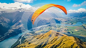 Paraglider above golden hills with a winding river and distant mountains
