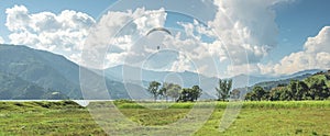 Paraglider flies over a meadow, Pokhara, Nepal