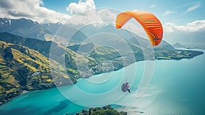 Paraglider floating over a turquoise lake near a green-clad township and mountains