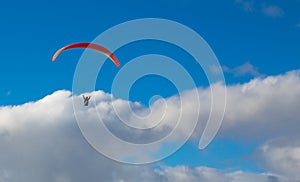 Paraglider flying over ocean in summer day