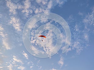 Paraglider flying on the parachute during sunset on the meadow.