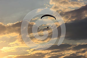 Silhouette of paraglider soaring at sunset