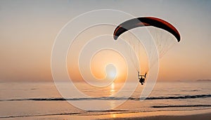 Paraglider pilot flies in the sky during sunset on beautiful beach. Paraplane .