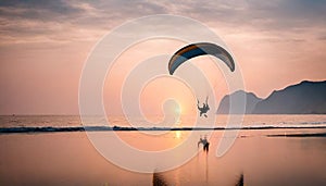 Paraglider pilot flies in the sky during sunset on beautiful beach. Paraplane
