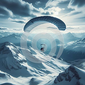 A paraglider takes the leap of faith over beautiful snowy mountain view