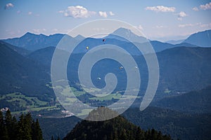 Paragliders at Brauneck, Lenggries, blue sky