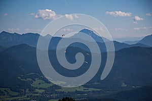 Paragliders at Brauneck, Lenggries, blue sky