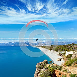 Paragliders flying above Konyaalti beach in Antalya, Turkey