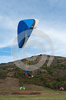 Paragliders going to land in a field