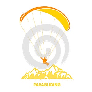 Paragliding logo with skydiver flying over mountains, parachutist