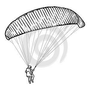 Paragliding man sketch. Paraglide wing and harness for sky flights. Monochrome hand drawn vector illustration