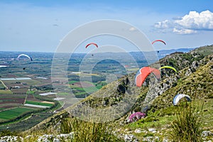 Paragliding in Norba, ancient town of Latium on the western edge of the Monti Lepini, Latina Province, Lazio, Italy.