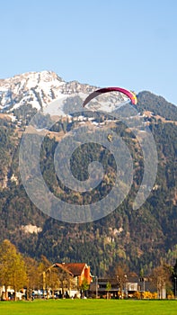 Paragliding with snow mountain background Interlaken park