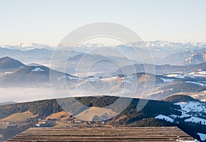 Paragliding starting ramp on mountain Schoeckl with mountainrange Hochschwab