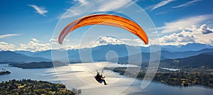 Paragliding thrill in stunning alpine scenery with lakes and aircraft on a sunny summer day