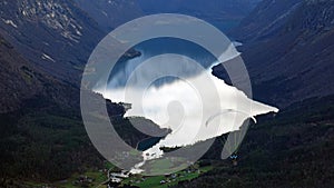 Paragliding to Lovatnet from mount Hoven in Loen in Vestland in Norway