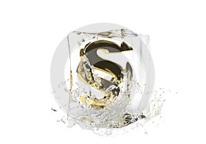 Paragraph sign in cube of melting ice and drop water on isolated background. Idea for winter splash law business banner