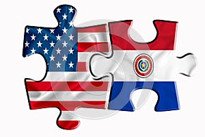 Paraguai flag and United States of America flag on two puzzle pieces on white isolated background. The concept of political