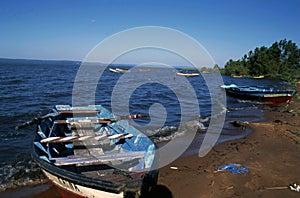 Paraguay ASUNCION panoramic view of Lake San Bernandino with fishing boat