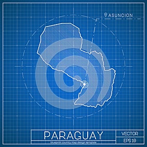 Paraguay blueprint map template with capital city.