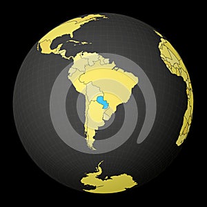 Paraguay on dark globe with yellow world map.