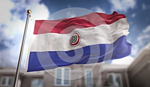 Paraguay Flag 3D Rendering on Blue Sky Building Background photo