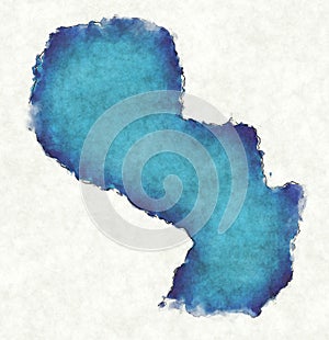 Paraguay map with drawn lines and blue watercolor illustration