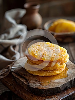 Paraguayan chipa guasu, a corn cake similar to cornbread, presented on a rustic wooden board. A traditional and photo