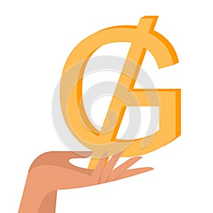 Paraguayan guarani in female hand. Money in hand. Earn money, salary symbol. Flat vector illustration photo