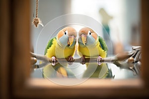 parakeet chirping at its reflection in mirror