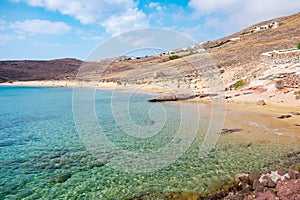 Paralia Agios Sostis wild and free beach in the north of Mykonos Greece