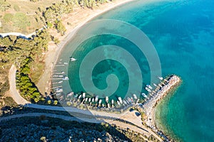 Paralia karathona beach port on arid coast , Europe, Greece, Peloponnese, Argolis, Nafplion, Myrto seashore in summer on a sunny