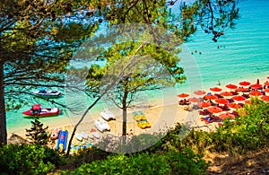 Paralia Makris Gialos beach seen from pine forest above Kefalonia island Greece