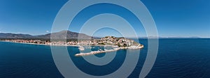 Paralio Astros port, Peloponnese Greece. Aerial drone panoramic view of town, boat, sea, sky. Banner photo
