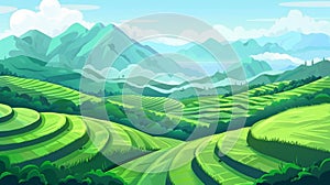 Parallax background with Asian rice field terraces and mountain landscape, 2 layers for game animation. Paddy