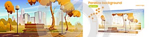 Parallax background with city park in autumn