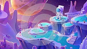 This parallax background shows a game level map with a little astronaut, platforms with stages, and a futuristic alien