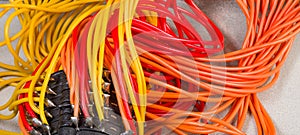 Parallel cables switch. Colorful wires bunches. Electronic device detail