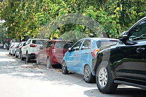 Parallel cars parking on street with green trees