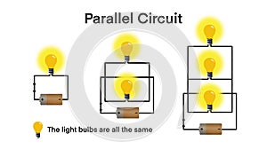parallel electrical circuits diagram, serial and parallel batteries showing wires, light bulbs, batteries